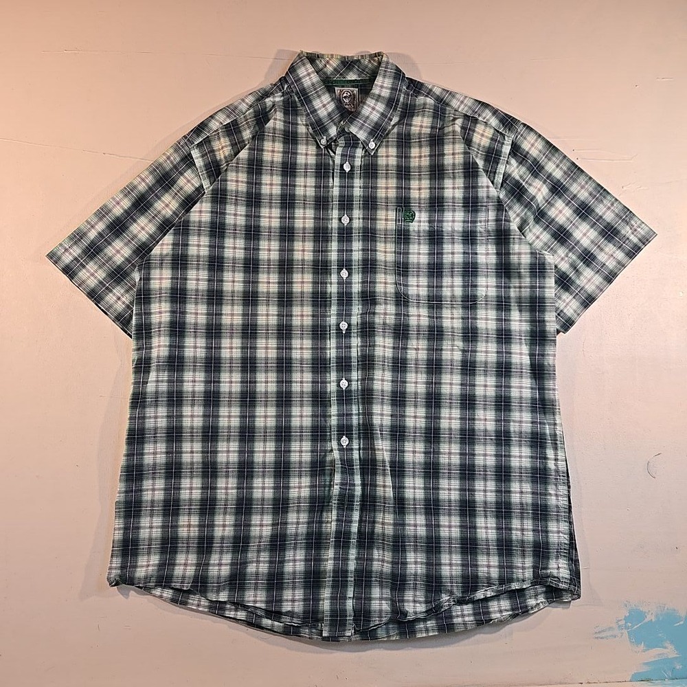 Cinch Mens L Short Sleeve Plaid Button Down‎ Shirt Green Navy Cotton Western EUC